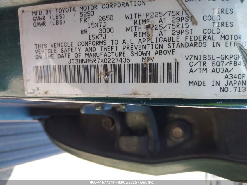 1999 Toyota 4Runner Sr5 V6 VIN: JT3HN86R7X0227435 Lot: 41677374