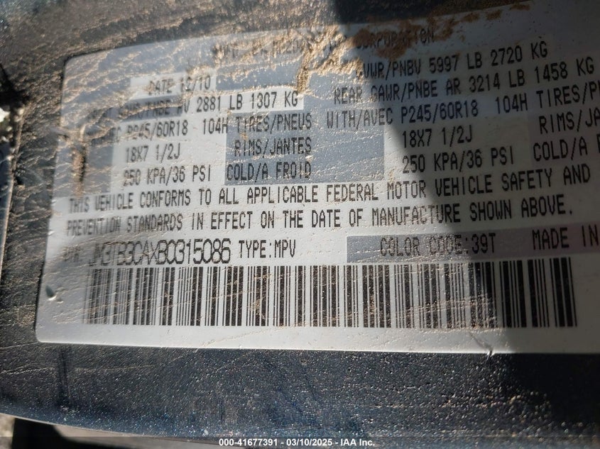 2011 Mazda Cx-9 Touring VIN: JM3TB3CAXB0315086 Lot: 41677391