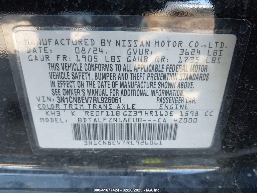 2024 Nissan Versa 1.6 Sv VIN: 3N1CN8EV7RL926061 Lot: 41677424