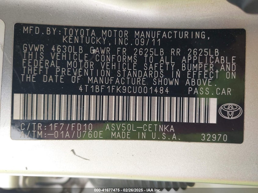 2012 TOYOTA CAMRY VIN: 4T1BF1FK9CU001484