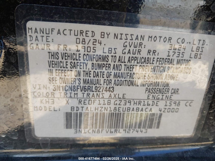 2024 Nissan Versa 1.6 Sr VIN: 3N1CN8FV6RL927443 Lot: 41677494