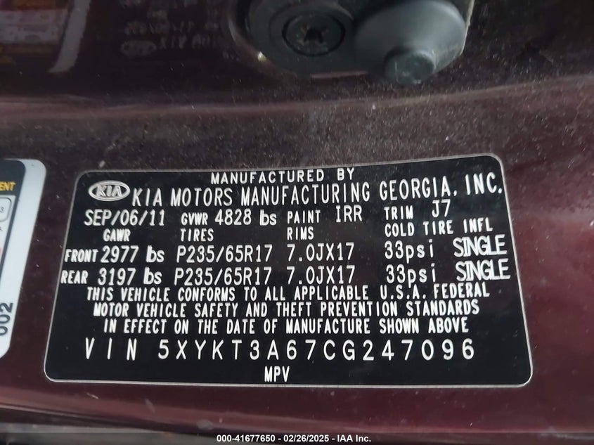 2012 KIA SORENTO VIN: 5XYKT3A67CG247096