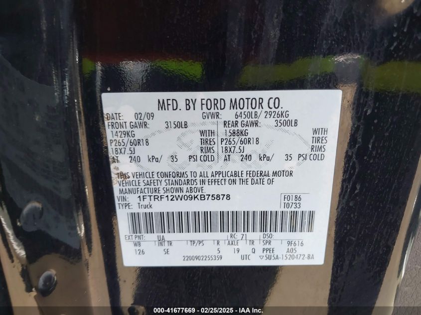 2009 Ford F-150 Stx/Xl/Xlt VIN: 1FTRF12W09KB75878 Lot: 41677669