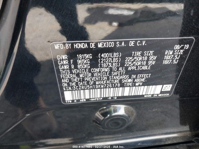 2019 HONDA HR-V VIN: 3CZRU5H19KM726178