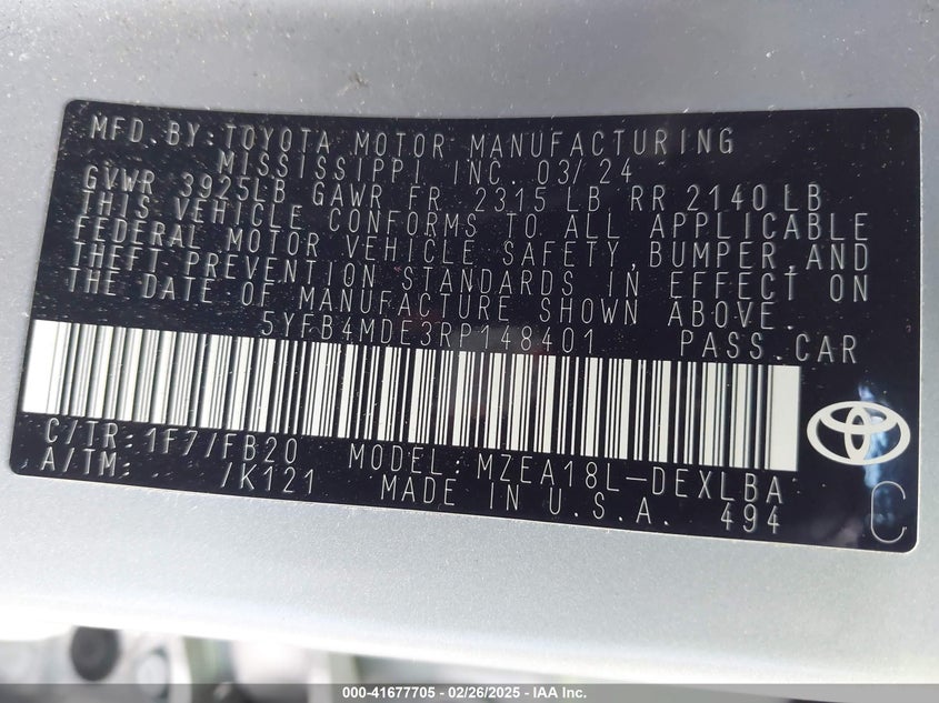 2024 TOYOTA COROLLA VIN: 5YFB4MDE3RP148401
