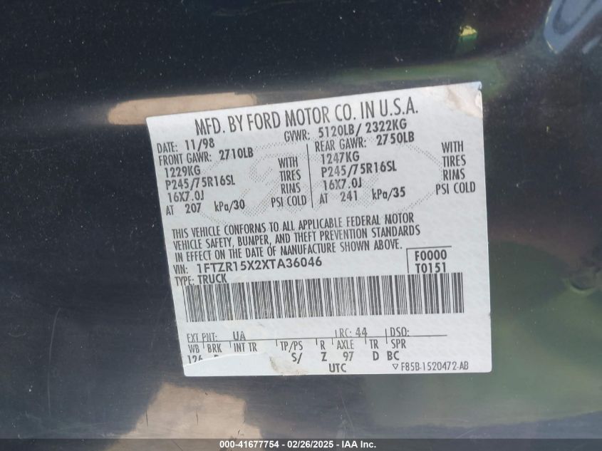 1999 Ford Ranger Xlt VIN: 1FTZR15X2XTA36046 Lot: 41677754