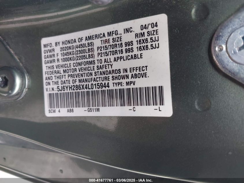 2004 Honda Element Ex VIN: 5J6YH286X4L015944 Lot: 41677761