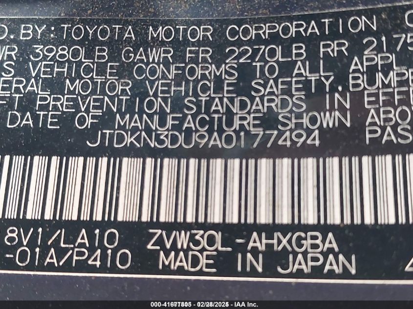 2010 Toyota Prius Iv VIN: JTDKN3DU9A0177494 Lot: 41677805