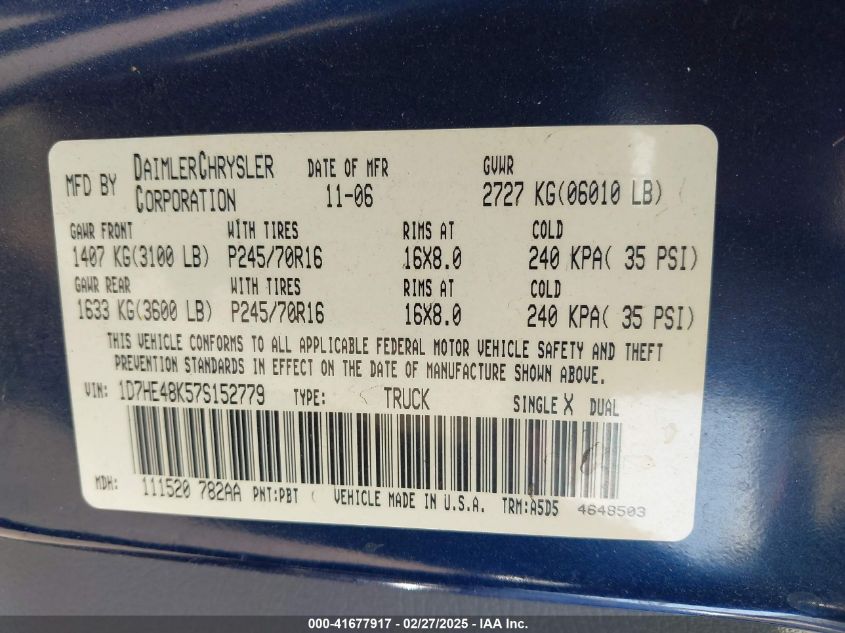 2007 Dodge Dakota Slt VIN: 1D7HE48K57S152779 Lot: 41677917