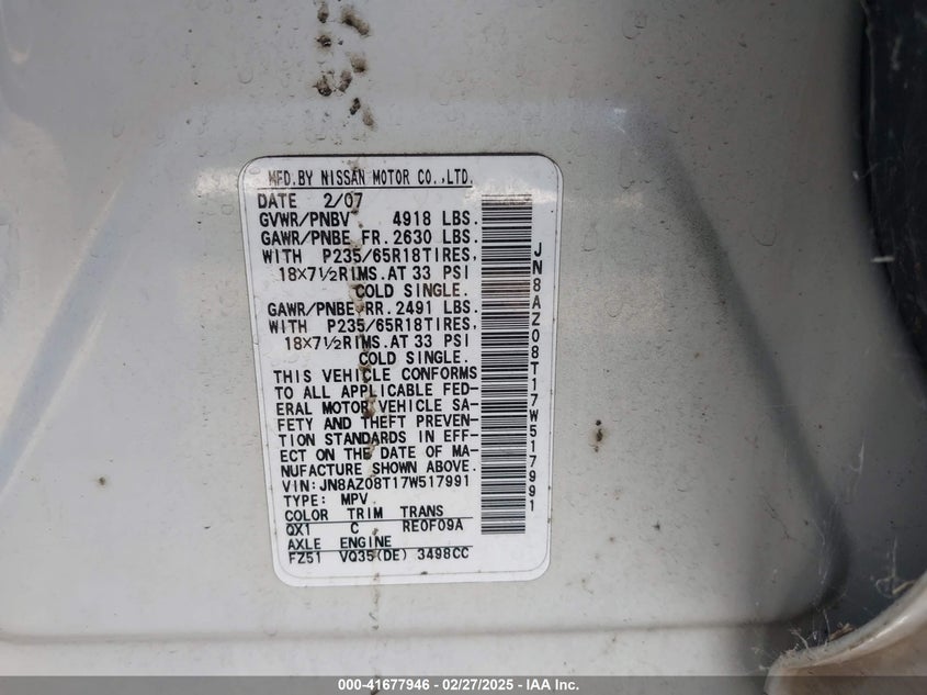 2007 Nissan Murano Sl VIN: JN8AZ08T17W517991 Lot: 41677946