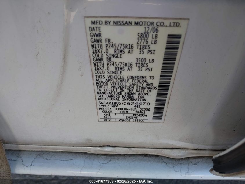 2007 Nissan Pathfinder S VIN: 5N1AR18U57C624470 Lot: 41677989