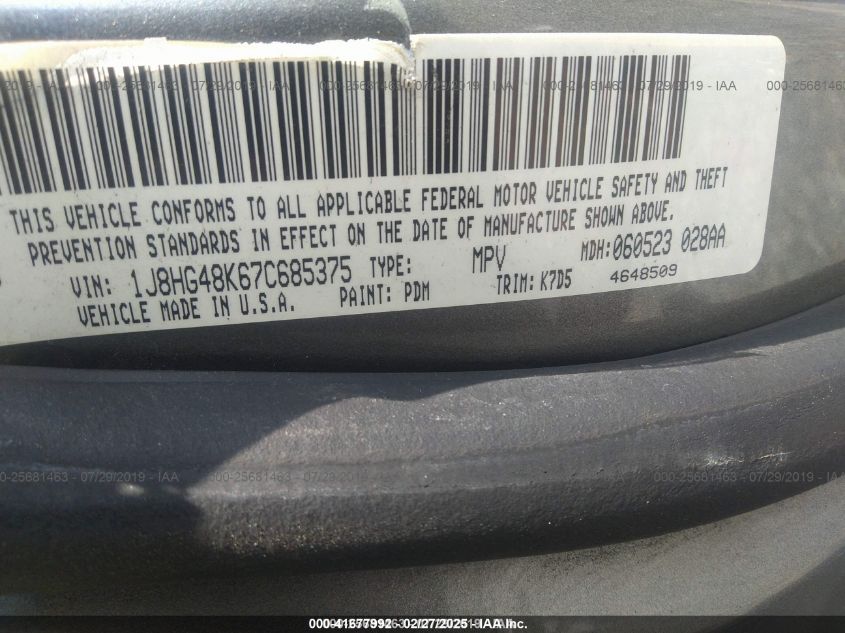 2007 Jeep Commander Sport VIN: 1J8HG48K67C685375 Lot: 41677992