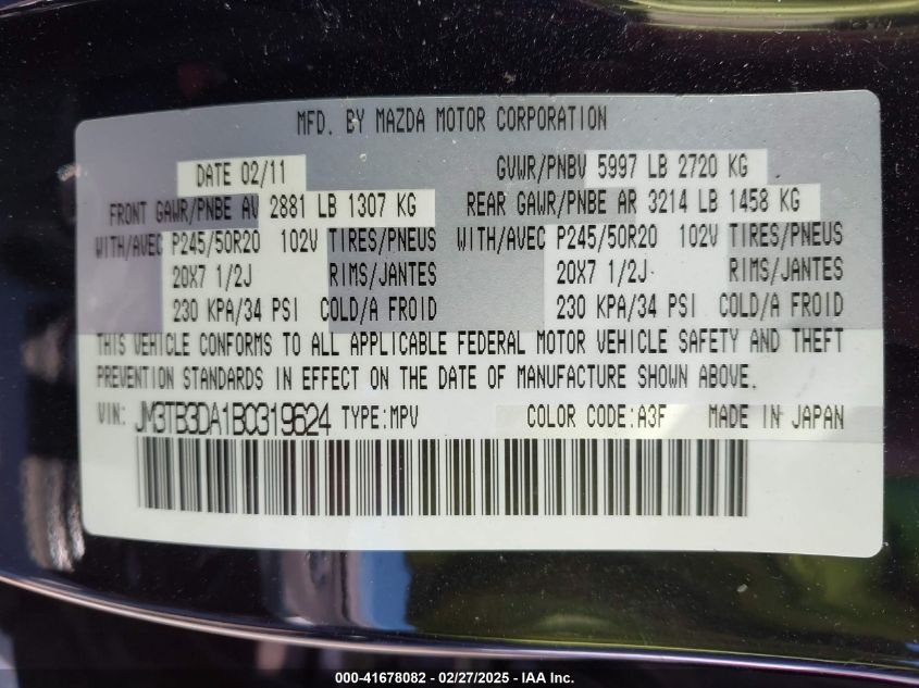 2011 Mazda Cx-9 Grand Touring VIN: JM3TB3DA1B0319624 Lot: 41678082