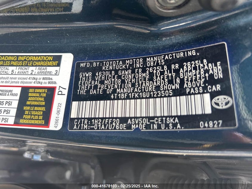2016 TOYOTA CAMRY VIN: 4T1BF1FK1GU123505