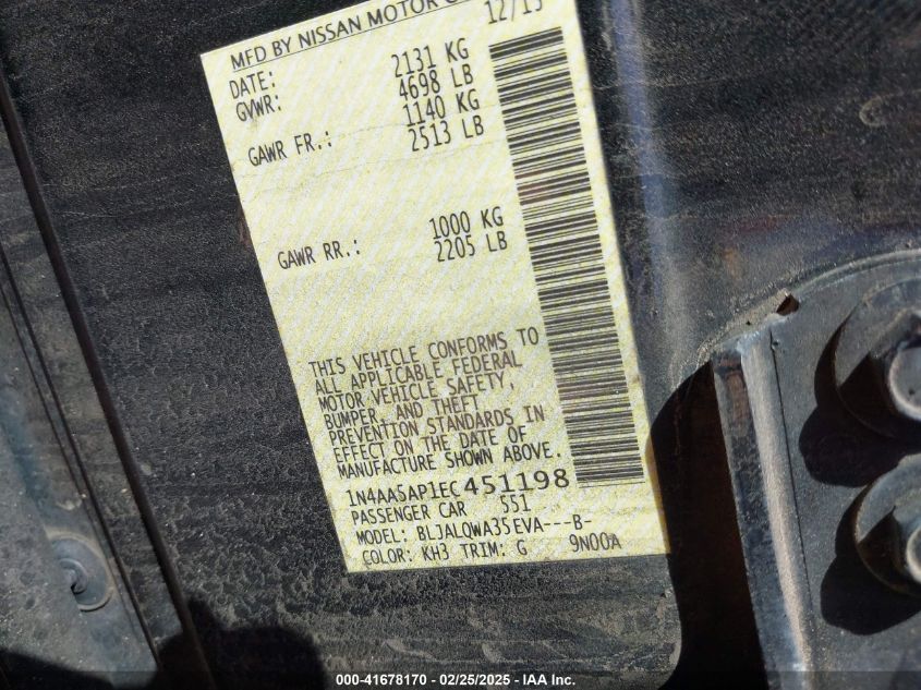 2014 Nissan Maxima 3.5 S VIN: 1N4AA5AP1EC451198 Lot: 41678170