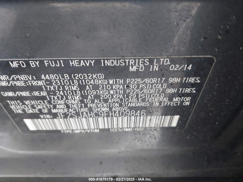 2015 SUBARU FORESTER 2.5I LIMITED - JF2SJAHC9FH409846