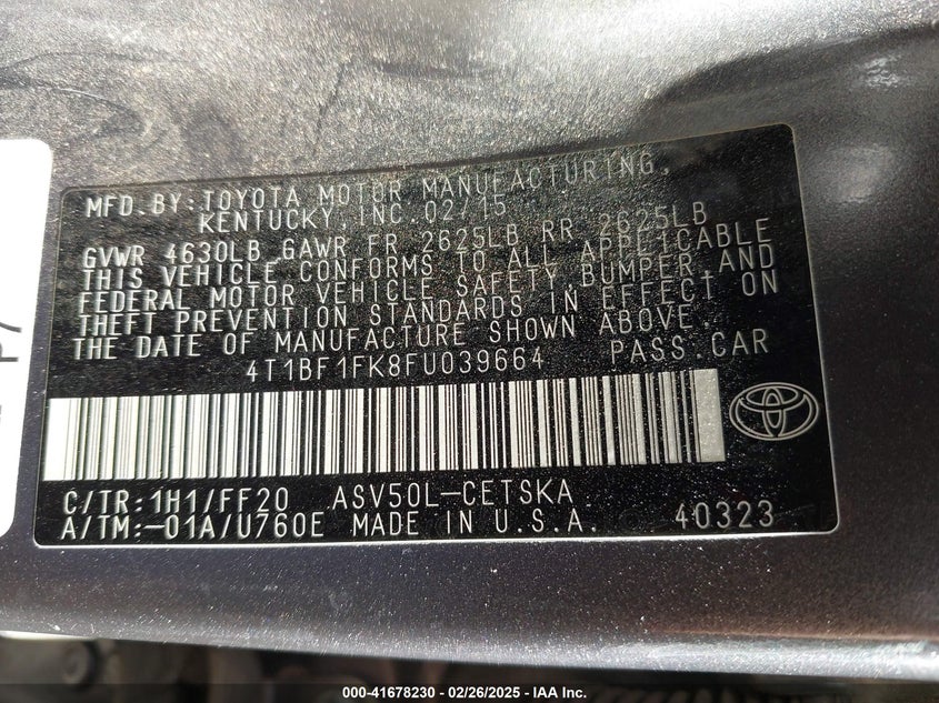 2015 TOYOTA CAMRY VIN: 4T1BF1FK8FU039664