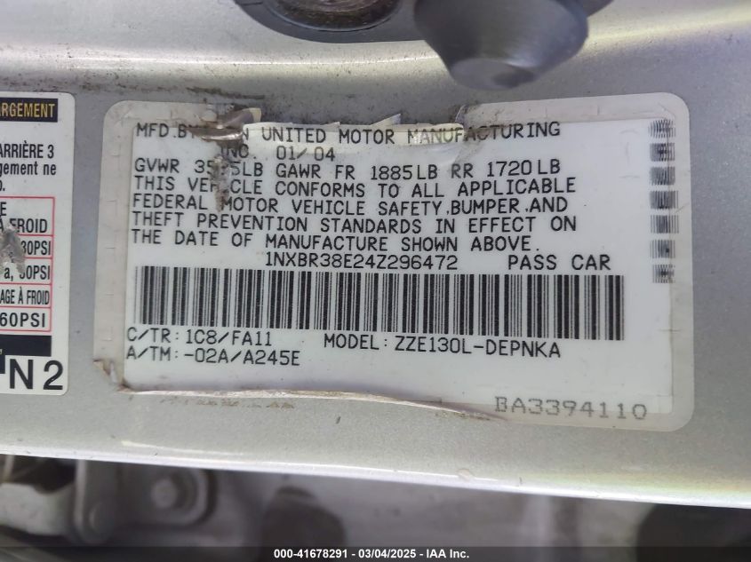 2004 Toyota Corolla Le VIN: 1NXBR38E24Z296472 Lot: 41678291