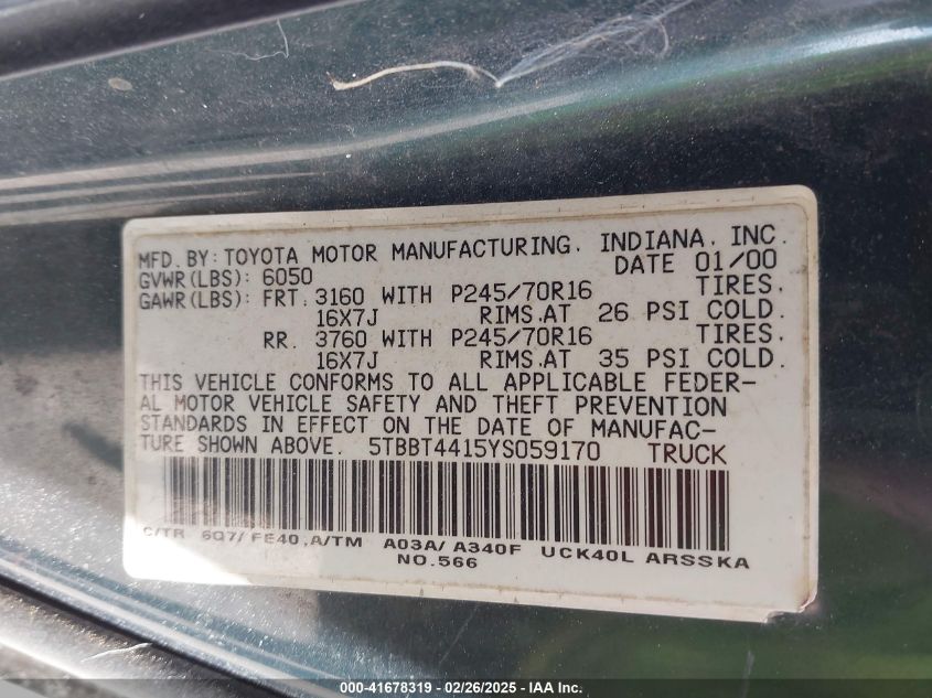 2000 Toyota Tundra Sr5 V8 VIN: 5TBBT4415YS059170 Lot: 41678319
