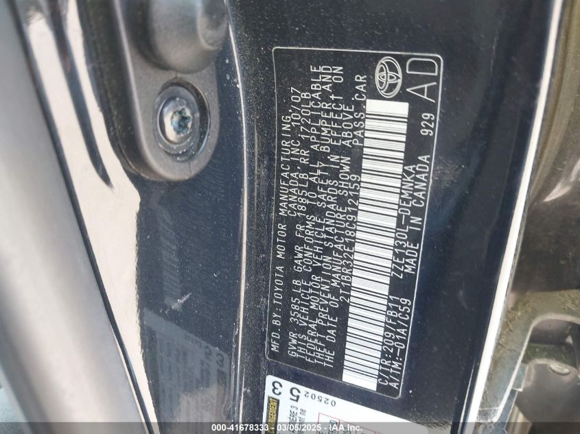 2008 Toyota Corolla Le VIN: 2T1BR32E18C912159 Lot: 41678333