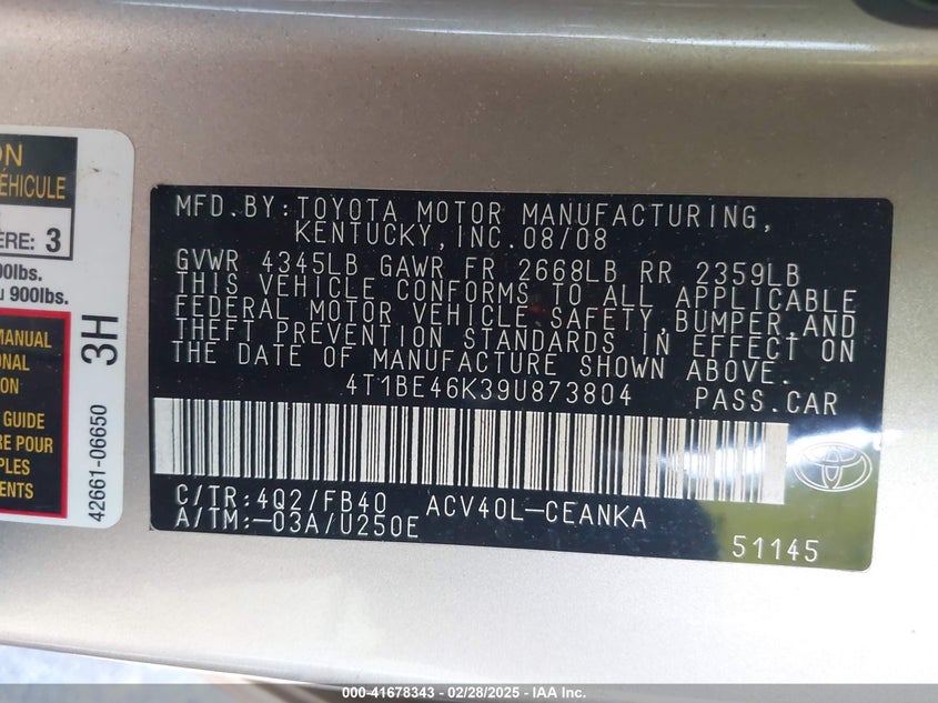 2009 TOYOTA CAMRY VIN: 4T1BE46K39U873804