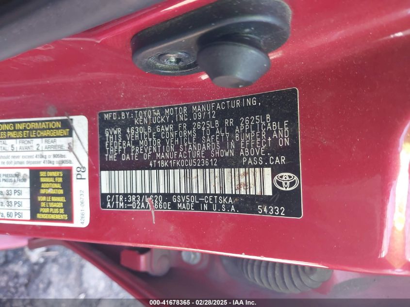 2012 Toyota Camry Se V6 VIN: 4T1BK1FK0CU523612 Lot: 41678365