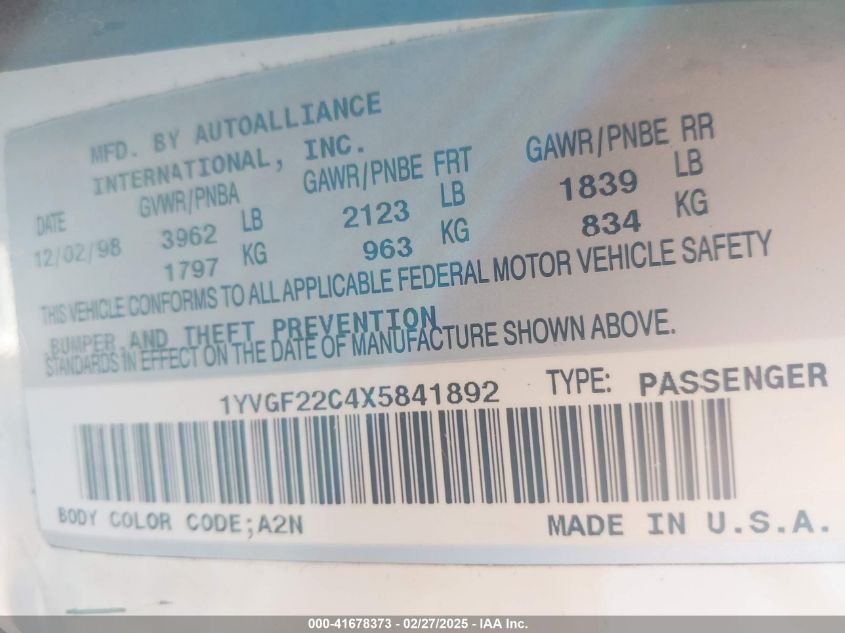 1999 Mazda 626 Es/Lx VIN: 1YVGF22C4X5841892 Lot: 41678373