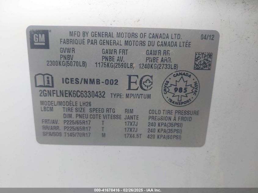 2012 Chevrolet Equinox 2Lt VIN: 2GNFLNEK6C6330432 Lot: 41678416