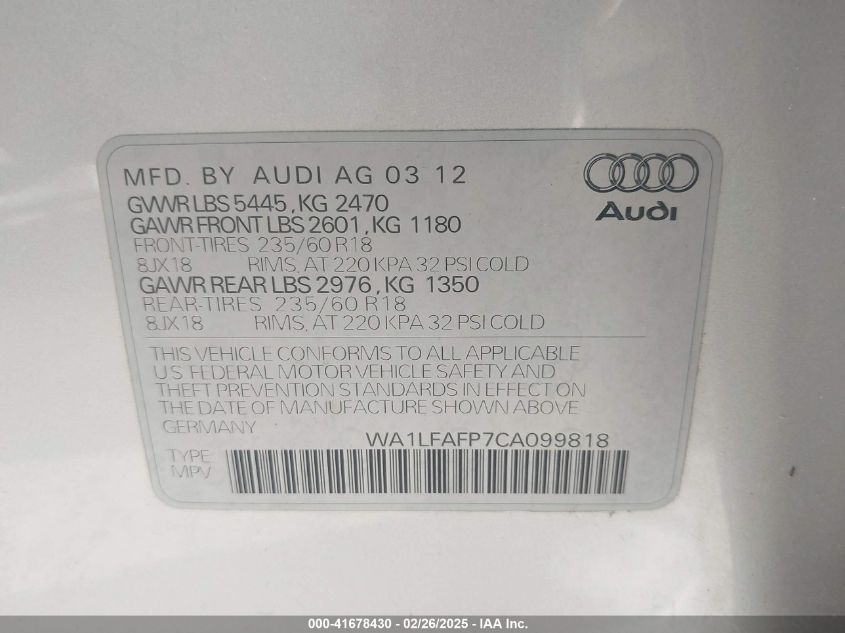 2012 Audi Q5 2.0T Premium VIN: WA1LFAFP7CA099818 Lot: 41678430