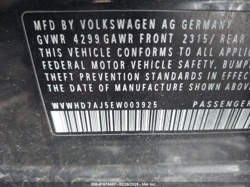 2014 Volkswagen Gti Driver's Edition VIN: WVWHD7AJ5EW003925 Lot: 41678457