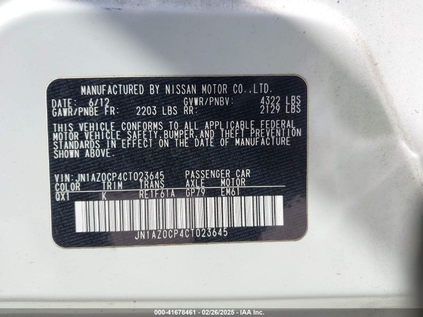 2012 Nissan Leaf Sl VIN: JN1AZ0CP4CT023645 Lot: 41678461