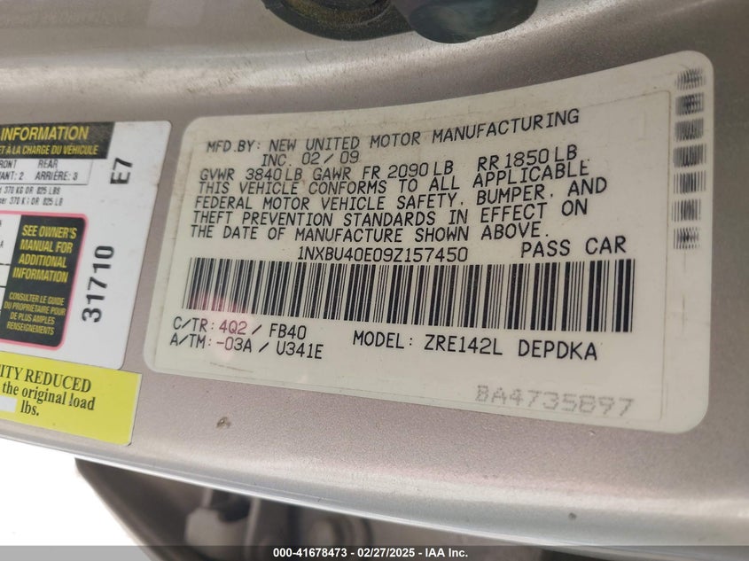 2009 TOYOTA COROLLA VIN: 1NXBU40E09Z157450