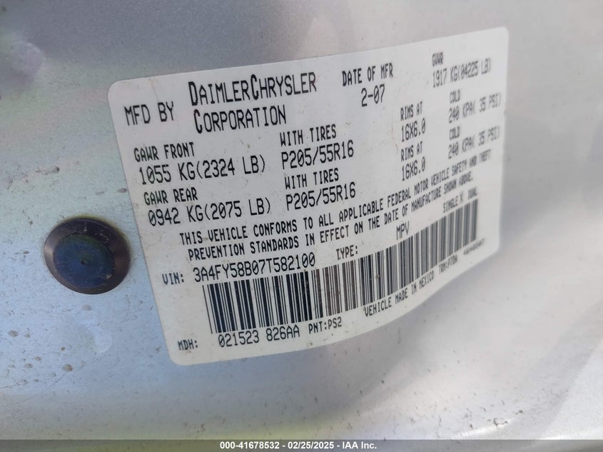 2007 CHRYSLER PT CRUISER VIN: 3A4FY58B07T582100