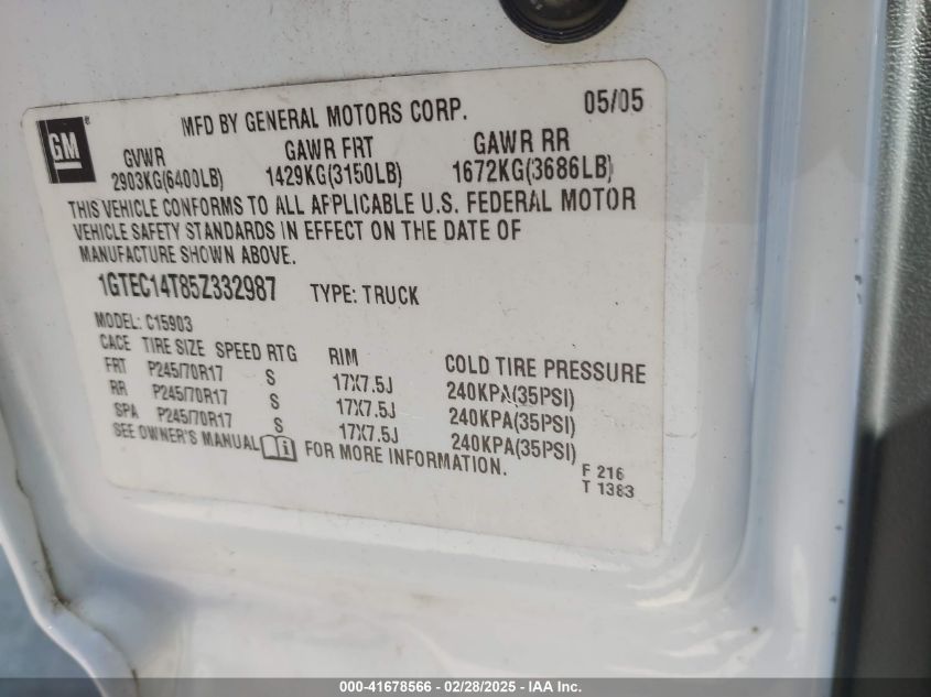 2005 GMC Sierra 1500 Sle VIN: 1GTEC14T85Z332987 Lot: 41678566
