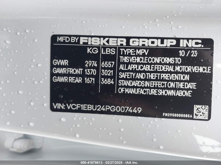 2023 Fisker Ocean Extreme VIN: VCF1EBU24PG007449 Lot: 41678613