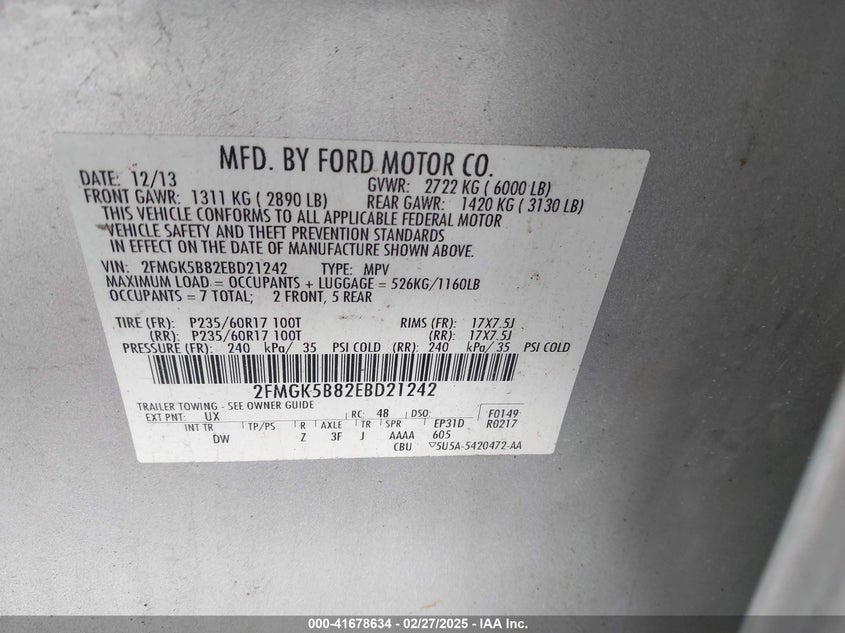 2014 FORD FLEX VIN: 2FMGK5B82EBD21242