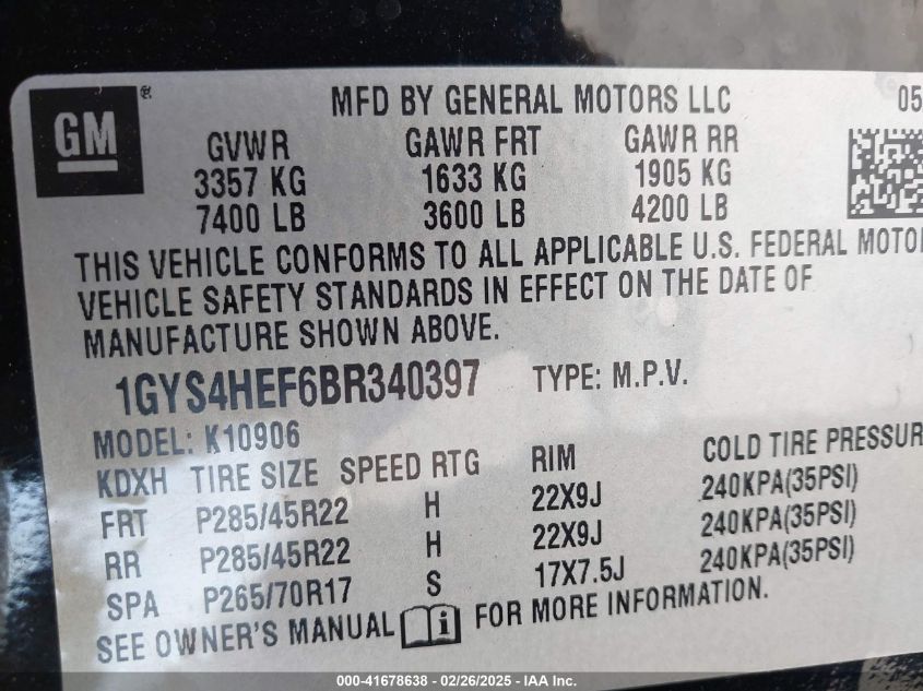 2011 Cadillac Escalade Esv Luxury VIN: 1GYS4HEF6BR340396 Lot: 41678638