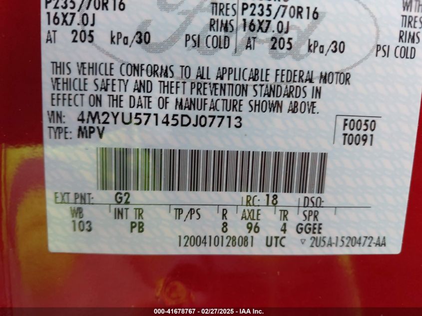 2005 Mercury Mariner Luxury/Premier VIN: 4M2YU57145DJ07713 Lot: 41678767