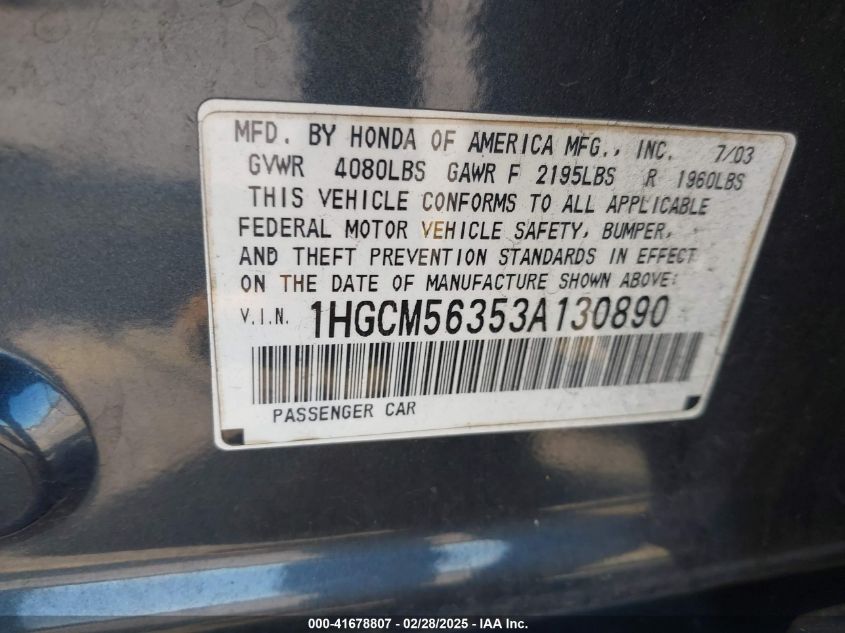 2003 Honda Accord 2.4 Lx VIN: 1HGCM56353A130890 Lot: 41678807