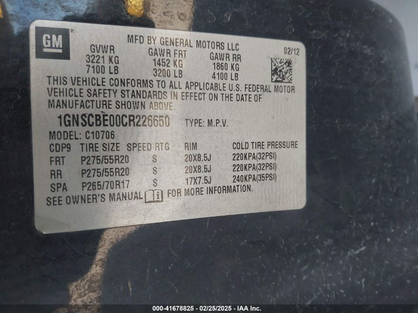 2012 Chevrolet Tahoe Lt VIN: 1GNSCBE00CR226650 Lot: 41678825