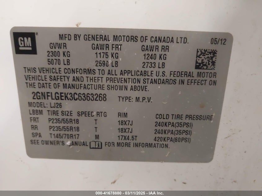 2012 CHEVROLET EQUINOX VIN: 2GNFLGEK3C6363268