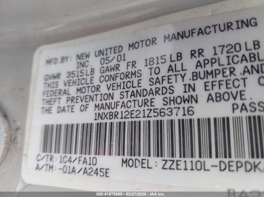 2001 Toyota Corolla Le VIN: 1NXBR12E21Z563716 Lot: 41678885