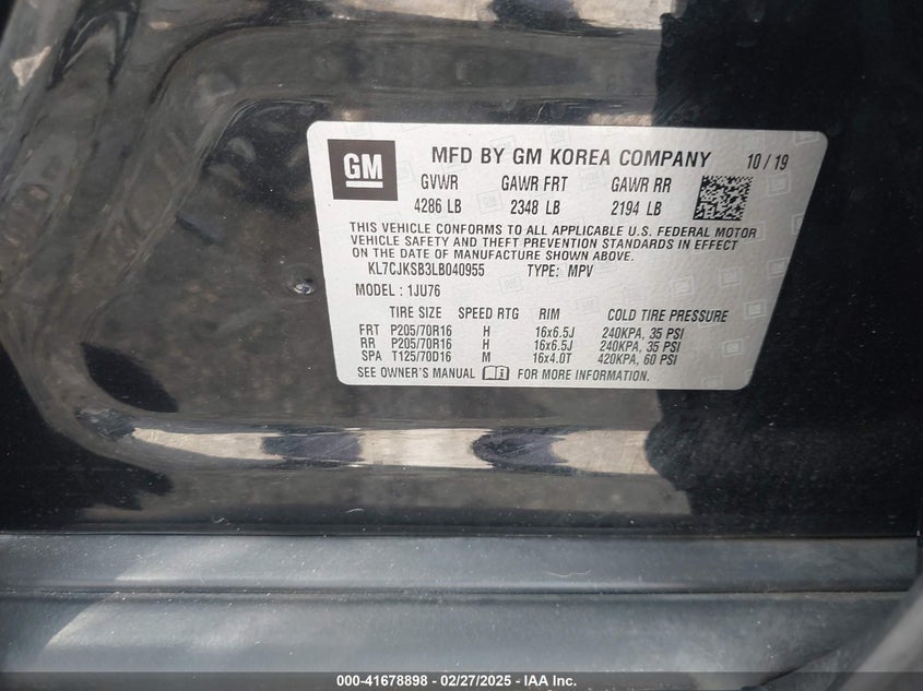 VIN KL7CJKSB3LB040955 2020 CHEVROLET TRAX FWD LS