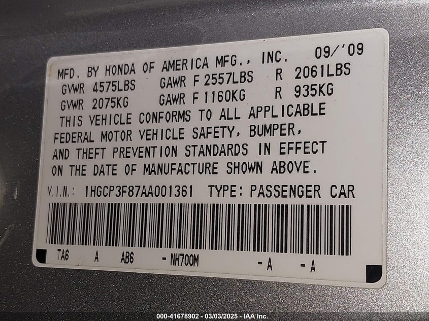 2010 HONDA ACCORD VIN: 1HGCP3F87AA001361