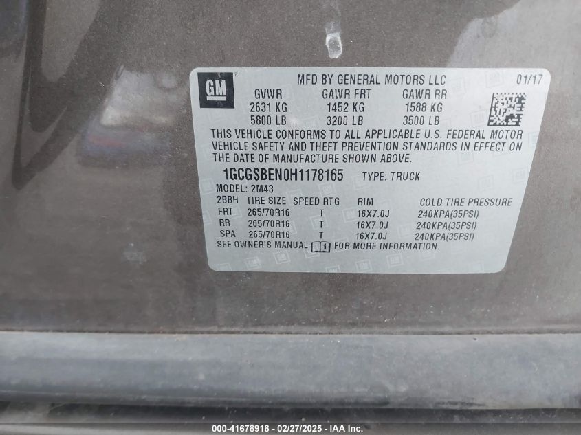 2017 Chevrolet Colorado Wt VIN: 1GCGSBEN0H1178165 Lot: 41678918
