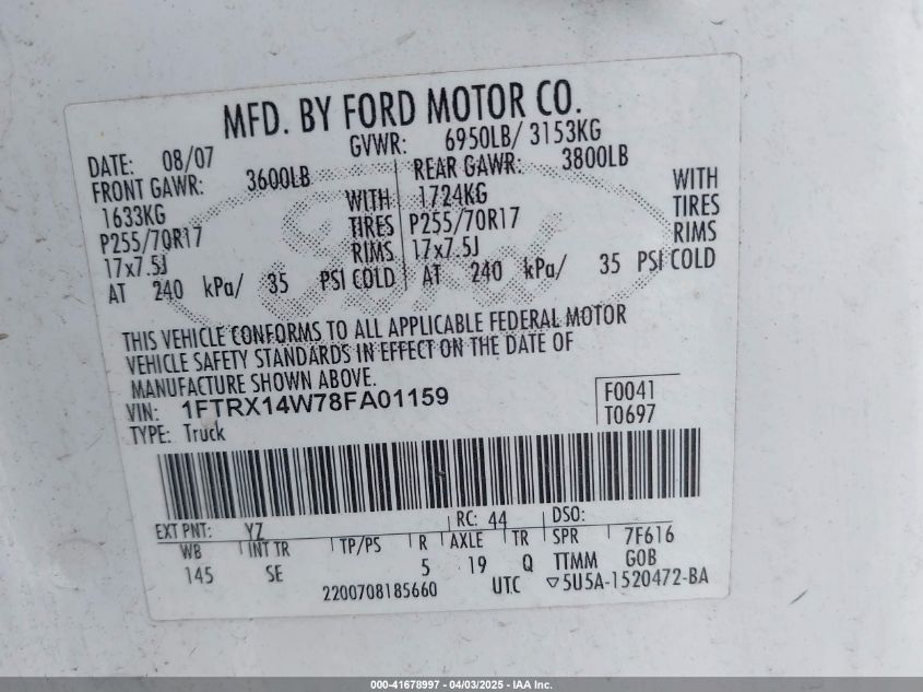 2007 Ford F-150 Fx4/Lariat/Xlt VIN: 1FTPW14V17FA93157 Lot: 41678997