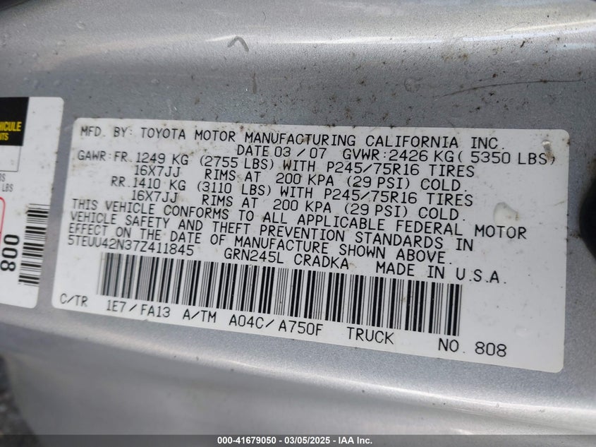 2007 TOYOTA TACOMA VIN: 5TEUU42N37Z411845