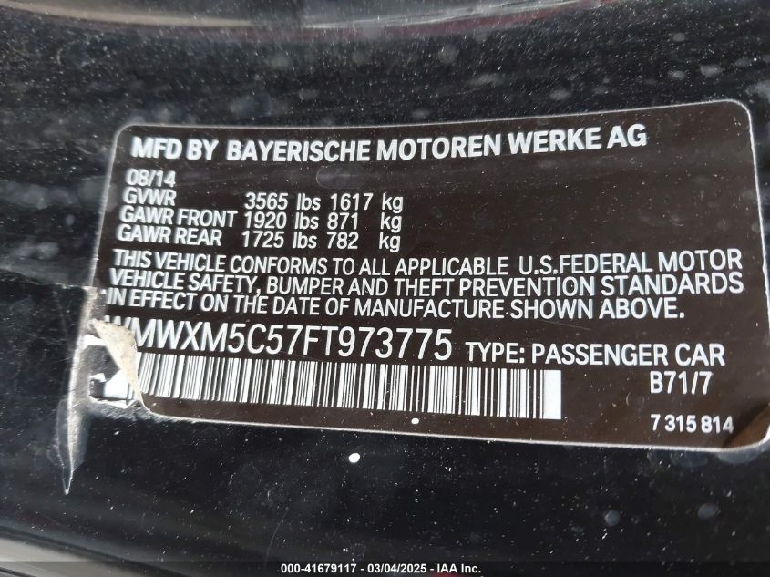 2015 Mini Hardtop Cooper VIN: WMWXM5C57FT973775 Lot: 41679117