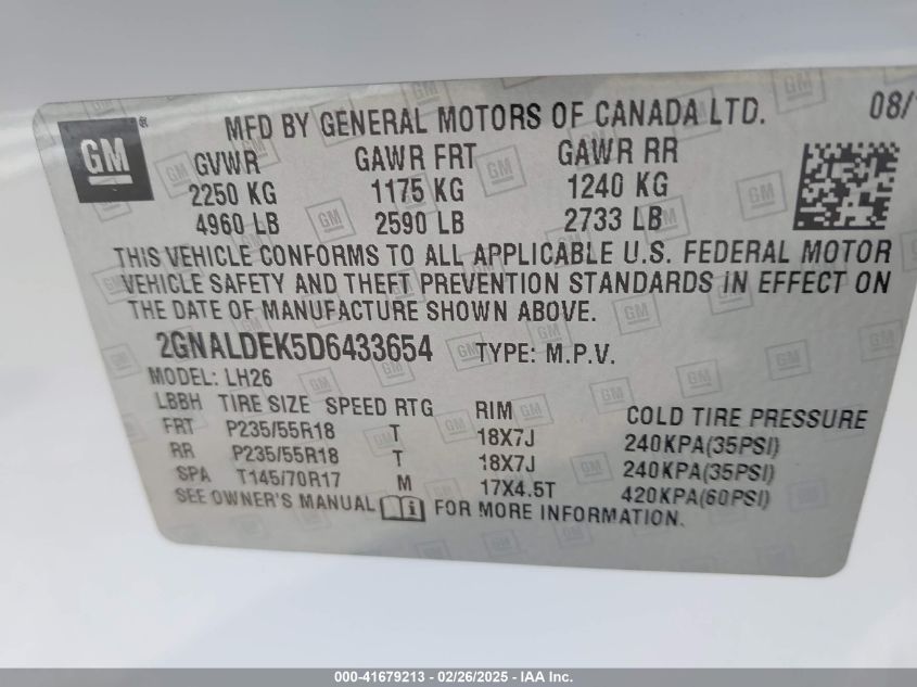 2013 Chevrolet Equinox 1Lt VIN: 2GNALDEK5D6433654 Lot: 41679213