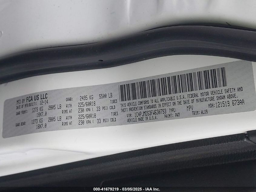 2015 Jeep Cherokee Limited VIN: 1C4PJMDS3FW630793 Lot: 41679219